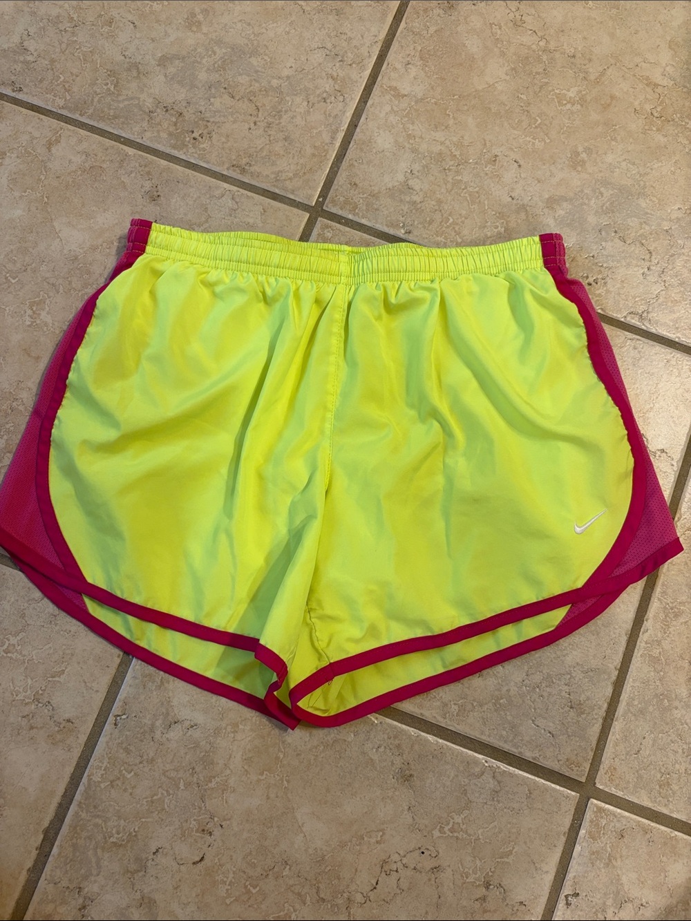 Nike Women's Neon Yellow Running Shorts with Magenta Trim